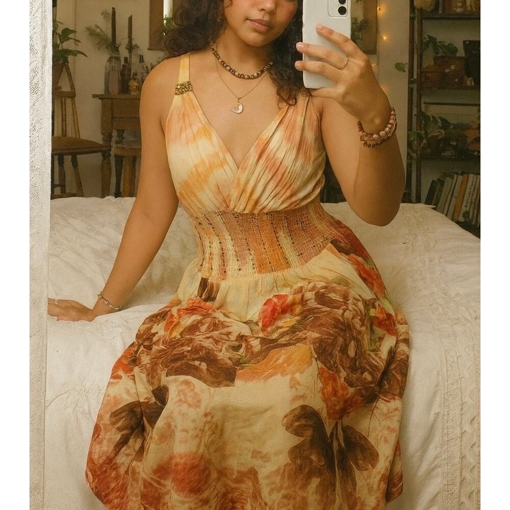 Vintage 2000s Cassee’s Boho Watercolor Floral Smocked Midi Dress Size Large